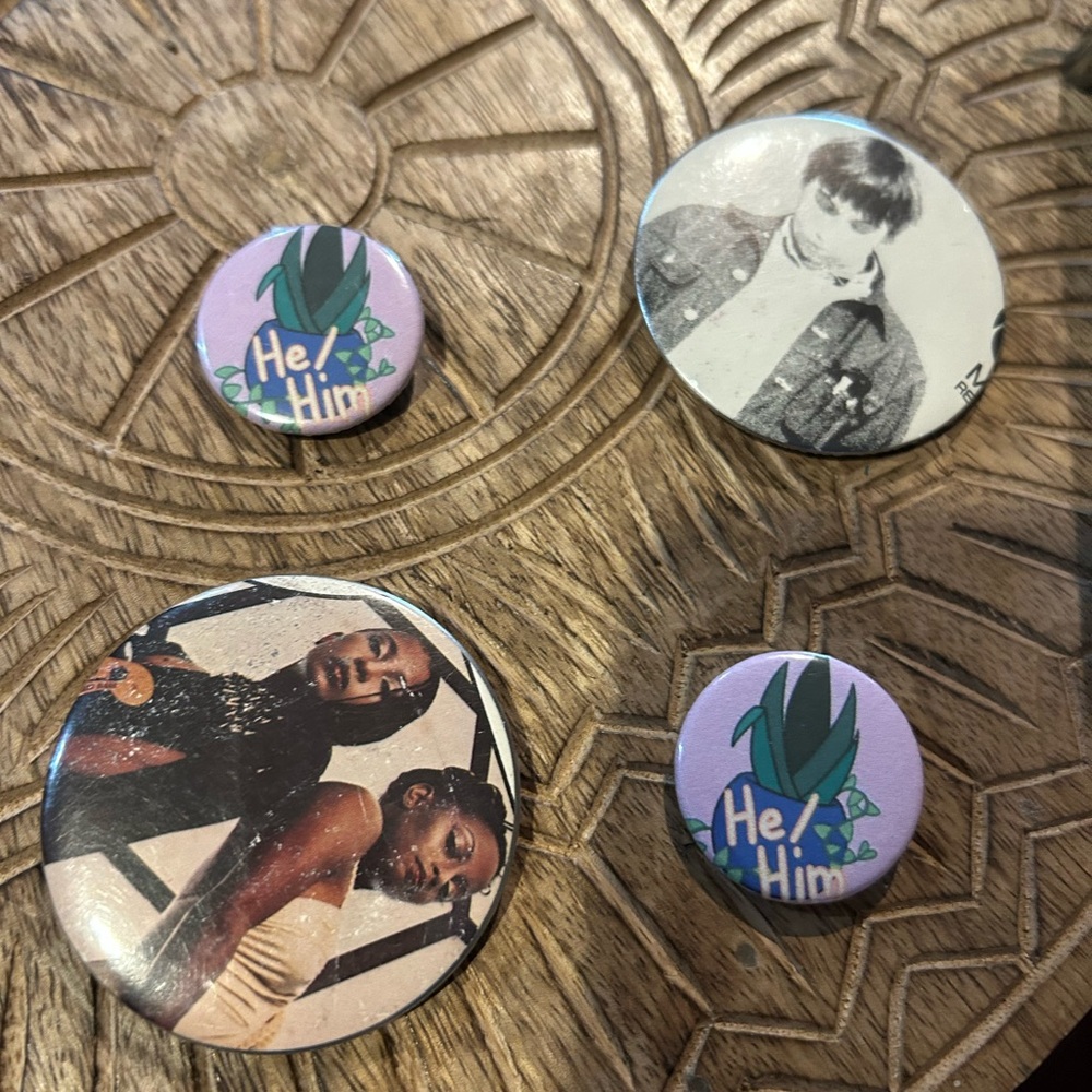 Set of 4 Assorted Pins with He/Him Design and a iron on patch punk/goth/rock